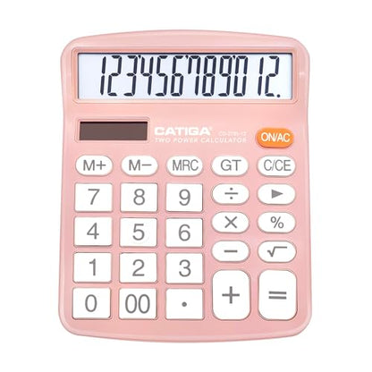 CATIGA 12 Digits Desktop Calculator with Large LCD Display and Sensitive Button, Dual Solar Power and Battery, Standard Function for Office, Home, School, CD-2786(Light Pink) - color: Light Pink