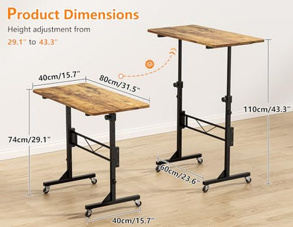 Standing Desk, 32 Inch Portable Small Desk Adjustable Height, Rustic | Rolling Home Office Desks with Wheels, Sit Stand Desk for Bedroom Walking Pad Home Office Small Space - color: Rustic