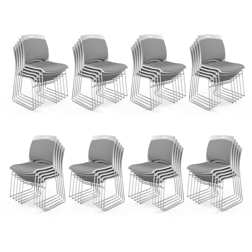 VINGLI Stackable Plastic Mesh Padded Chairs for Office Set of 40, Grey | Stacking Chairs with Metal Sled Base, Ergonomic Plastic Pad Seat & Back, Waiting Banquet Guest Break Room, Easy to install - color: Grey, size: 40 Pack