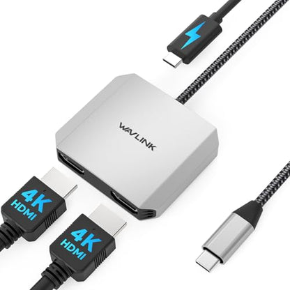 USB C to Dual HDMI Adapter, WAVLINK Dual Monitor Splitter, Dual 4K@60Hz HDMI, 95W PD, Compatible with Dell XPS/HP/Lenovo/Surface/Type C Laptop/Windows System Only