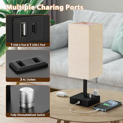 Bedside Table Lamps Set of 2 for Bedroom - Dimmable, USB C+A, 2 AC Outlets | Stepless Dimmable by Rotary Knob, 3000K LED Bulbs Included, Square Beige Linen Shade, Nightstand Lamp for Living Room, Desk - color: Beige