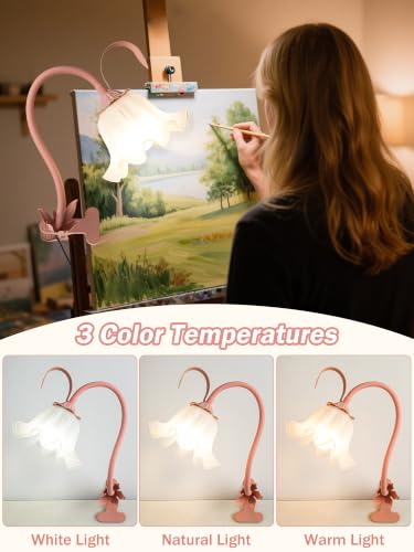 Desk Lamp Flower Clip on Light,3 Color Modes Book Light Flexible Gooseneck LED Reading Light with Clamp Eye-Care Clip on Lamp for Bed Headboard Study Office Dorm (Pink Lamp) - color: Pink Lamp