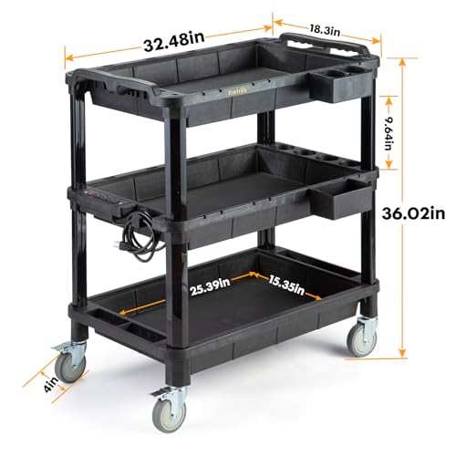 3-Shelf Rolling Utility Cart with Power Strip, 32.4 x 18.3 in | Multi-Use Rolling Cart, Deep Shelves, Industrial-Grade Plastic Cart, Service Tool Cart, Work Cart, AV Equipment Storage - style: With Power Strip
