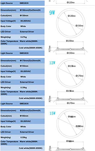 BSOD LED Panel Light 3W 4W 6W 9W 12W 15W 18W 24W Flat Lamp Round Ultra-Thin Recessed Ceiling Light Downlight Fixture Kit (Warm White, 12W) - color: Warm White, size: 12W