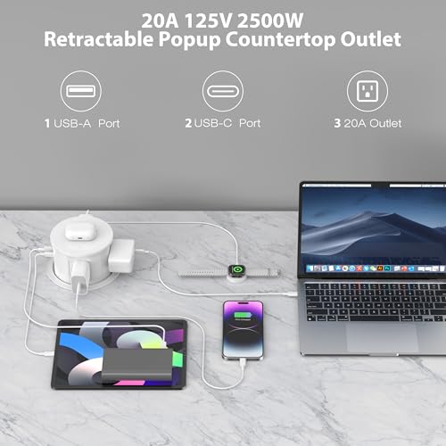 ANNQUAN 4.7" 20A GFCI Pop Up Outlet Wireless Charger 65W USB White | Max 65W Power Delivery,4.75" Pop Up Electrical Outlet with 3 Outlets 3 USB Ports - color: White, size: 20 Amp(GFCI)