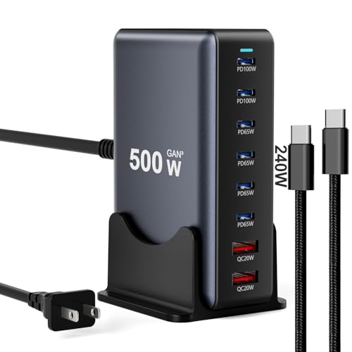 500W Fast Charging 8 Port USB C Charger Block with Nylon Fast Charging Cable, Multi-Device Charging Station Wall Desktop Charger with GaN Ⅲ Technology, USB-C Charger Adapter for MacBook/iPad/iPhone 17 - size: 500 W