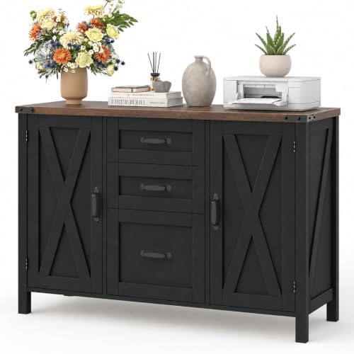 Vabches File Cabinet with 3 Drawers, Farmhouse Lateral File Cabinet Fits Files Letter/A4 Size, Wooden Filing Cabinet with Door and Adjustable Shelves Printer Stand for Home Office, Dark Brown - color: Dark Brown