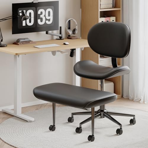 Cross Legged Office Chair with Wheels for ADHD, Ergonomic 360° Swivel Height-Adjustable Meditation Chair for Yoga, Wide Kneeling Chair with Strong Lumbar Support, PU Leather, Black - color: Black-pu