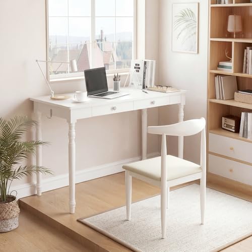 100% White Solid Wood Desk 47" Wooden Desk with 2 Drawers | Mid Century Modern Desk, Writing Desk Computer Table for Home, Office, Bedroom, Living Room - color: White, size: 47.2" x 21.7"