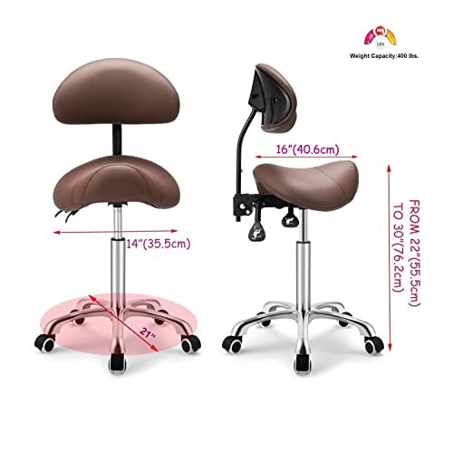 Kaleurrier Saddle Stool with Back Rest,Swivel Rolling Saddle Chair - color: Coffee, style: With Back