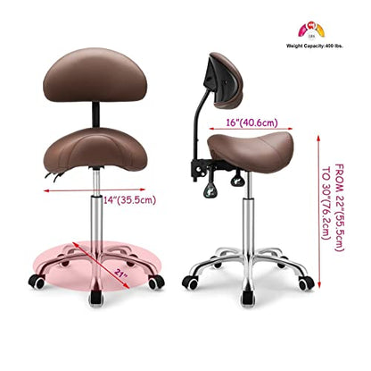 Kaleurrier Saddle Stool with Back Rest,Swivel Rolling Saddle Chair - color: Coffee, style: With Back