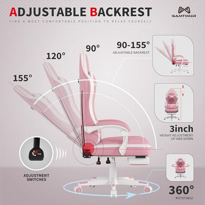 Gamtimer Gaming Chair with Footrest, Ergonomic Computer Chair, PU Breathable Material with Headrest and Lumbar Support, Suitable for Silla Gamer and Adults(Pink) - color: Pink