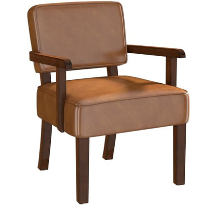 FAGAGA Faux Leather Accent Chair, Mid-Century Armchair with Wood Frame | Upholstered Living Room Chair, Comfy Reading Chair for Bedroom, Waiting Room, Home Office, Easy Assembly, Brown - color: Faux Leather Brown, size: One Chair