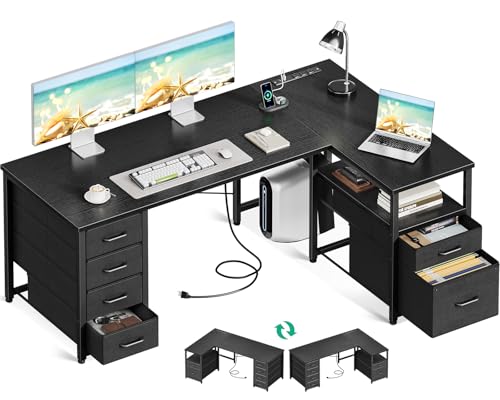 Coleshome 55 Inch L Shaped Office Desk with 6 Drawers, Power Outlet, Black - color: Black, size: 55 Inch