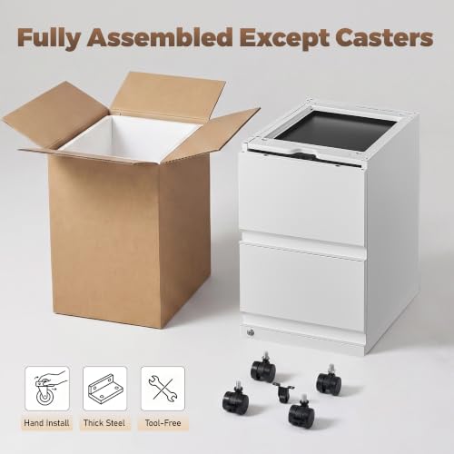 Approgreent 2 Drawer Metal File Cabinet, Fully Assembled Locking Filing Cabinet with Anti-Tipping Wheels, Quiet Slide, Heavy-Duty Steel Construction, Fits A4 Letter Legal for Home Office, Matte White - color: 03-b White