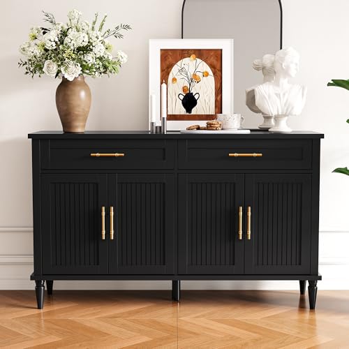 58 Inch Sideboard Buffet Cabinet with Storage, Fluted Buffet Storage Cabinet with 2 Drawers and 4 Doors, Modern Coffee Bar with Adjustable Shelves for Living Room, Kitchen (Black) - color: Black