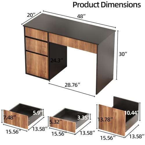 4 EVER WINNER Computer Desk with Drawers, 48 Inch Fluted Desk with Storage - color: Black, size: 48 Inch