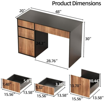 4 EVER WINNER Computer Desk with Drawers, 48 Inch Fluted Desk with Storage - color: Black, size: 48 Inch