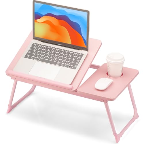 FISYOD Foldable Laptop Desk for Bed Couch, Adjustable Split Lap Desk with Cup Holder, Portable Lightweight Bed Table Tray, Heavy-Duty Laptop Stand for Working, Writing, Reading and Eating - Pink - color: Pink