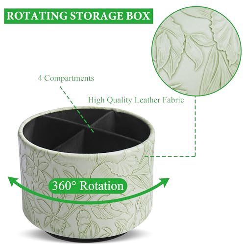 Round Leather Art Supply Organizer,Remote Control Holder,360 Degree Spinning,Multi-Functional Pencil Holder,4 Compartments Desktop Stationary Organizer(1-Carved Green) - color: 1-Carved Green