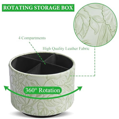 Round Leather Art Supply Organizer,Remote Control Holder,360 Degree Spinning,Multi-Functional Pencil Holder,4 Compartments Desktop Stationary Organizer(1-Carved Green) - color: 1-Carved Green