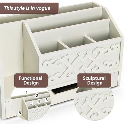 White Wooden Mail Organizer with Drawer, Three Tiered Desk Accessories for Office Organization and Storage, Stylish Countertop Document Storage, Home/Office/Classroom Supplies (White03) - style: White03