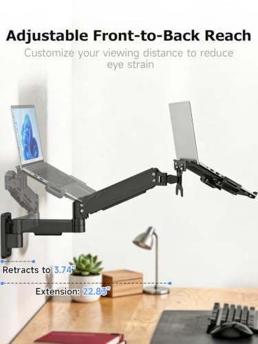 suptek Single Monitor Wall Mount with Laptop Tray for 13 to 18 Inch, Gas Spring Monitor Arm Wall Mount Holds Up to 11KG/24lbs, Full Motion Adjustable,VESA Mount 75x75/100x100mm - style: Laptop Wall Mount
