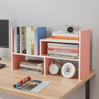Desktop Shelf Organizer, Adjustable Wood Office Storage Rack, Counter Display Small Bookshelf for Home/Office/School(Pink) - color: Pink