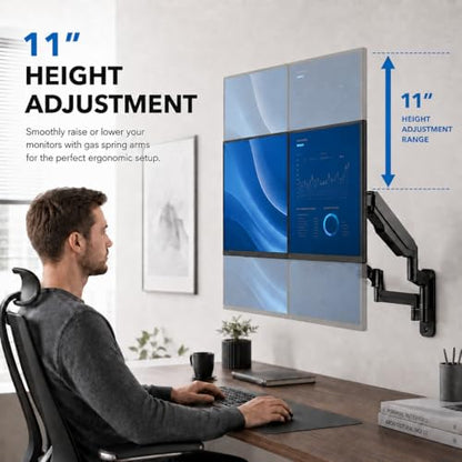 Mount-It! Dual Monitor Wall Mount Bracket - Double Computer Monitor Wall Mount With Two Height Adjustable Full Motion Arms Tilt up to 17" - 32" Inch Screens with 75, 100 VESA Patterns, 19.8 Lb Per Arm