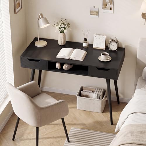 GIANTEX Mid Century Modern Computer Desk with Drawers, 42.5" Writing Desk with Open Storage Cubby, Vanity Table with Metal Leg, Compact Wooden Study Table for Small Spaces Home Office (Black) - color: Black