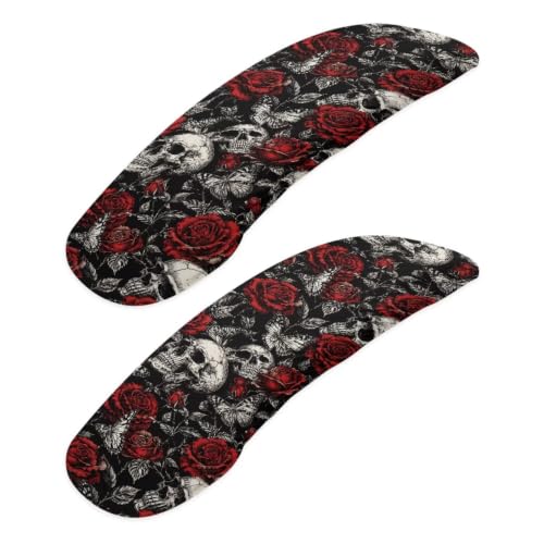 Skull Rose Butterfly Printed Office Desk Chair Arm Covers Protectors, Soft Stretch Computer Gaming Chair Armrest Covers with Elastic Edge, Universal Fits, Set of 2 - color: Black and Red - Skull Rose Butterfly