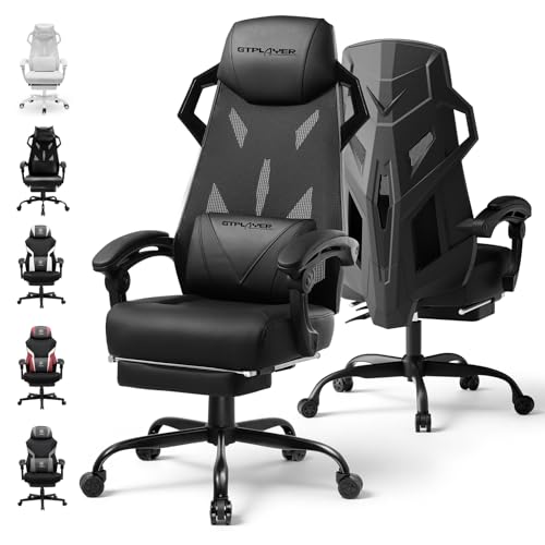 GTPLAYER Computer Chair with Adjustable Footrest, Ergonomic Gaming Chair with Headrest and Lumbar Support, Breathable Mesh Office Chair for Adults, High Back Reclining Desk Chair for Gaming and Office - color: Black