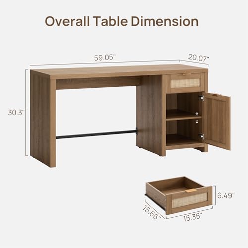 SICOTAS Executive Desk with Large Cabinet, Drawer, Rattan Home Office Desk | 59" Boho Farmhouse Computer Table Vanity Desk for Home Office, Study, Living Room, Dining Room - size: 2 Pieces