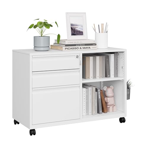 MIIIKO 3 Drawer File Cabinet with Lock, Metal Lateral Rolling Printer Stand Filing Cabinets for Home Office Storage,A4, Letter,File Folders(White) - color: White, size: 3 Drawer-34.5"W -Mobile