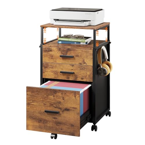 DEVAISE 3 Drawer File Cabinet with Adjustable Shelves, Rustic Brown | Rolling Wooden Filing Cabinet Mobile Printer Stand for Home Office, 15.7" D x 17.7" W x 40.3" H - color: Rustic Brown, size: 3 Drawer