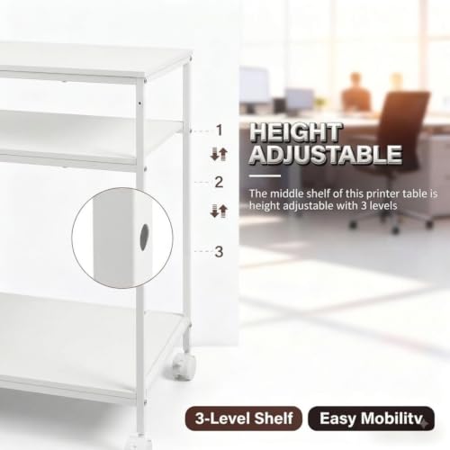 31.5" Heavy Duty Large Printer Stand with Adjustable Storage Shelf, White - color: White, size: 3-Tier