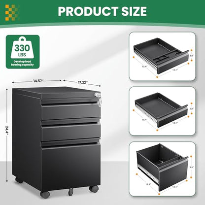3-Drawer File Cabinet with Lock, Mobile Filing Cabinet, Fully Assembled - color: Black, size: 14.6"W x 24.4"H x 17.3"D - F