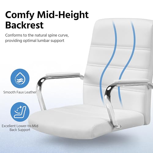 Yaheetech White Office Chair PU Leather Swivel Rocking Desk Seat with Arms | Foam-padded channel-stitched PU leather back supports desk hours; chrome frame rocks, adjusts in height, rolls on casters. - color: White