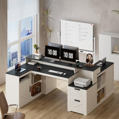 TVU Farmhouse L Shaped Desk with Drawers, 62.2" Home Office Desk with Storage Shelves and Power Outlet, L Shaped Computer Desk with Monitor Stand and Printer Shelf, Black and White - color: Black and White