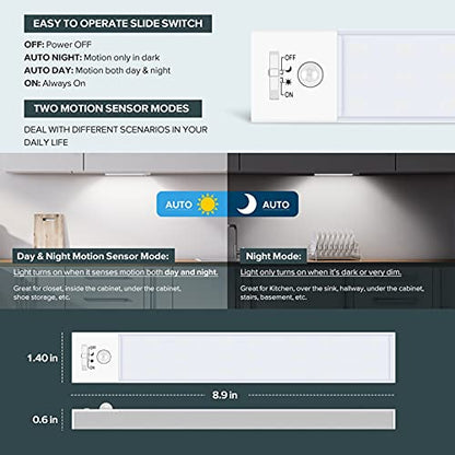 BLS 36 LED Closet Light Battery Powered, Super Bright Under Cabinet Lighting, Motion Sensor Indoor, Wireless, 1500mAh Rechargeable, 120 Days Run Time - color: 5500K Daylight White-8.9 inches-1 Pack