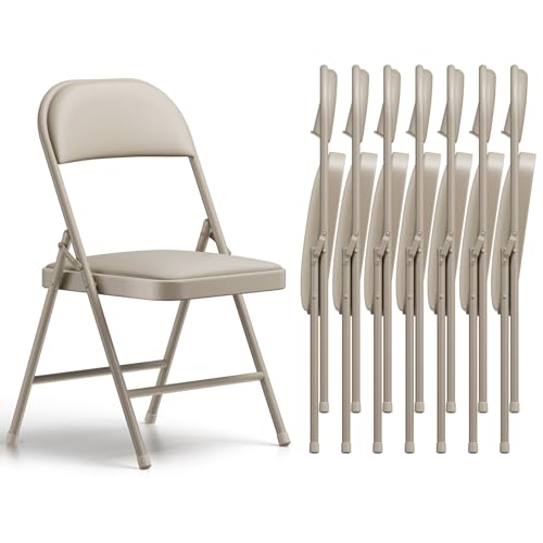 Folding Chairs 8 Pack, PU Leather Padded Folding Chairs for Outside and Indoor, Heavy Duty Portable Foldable Metal Commercial Seat for Home Office, Dorm, Party, Backyard, Lawn, Patio, Khaki - color: Khaki, size: 8 Pack
