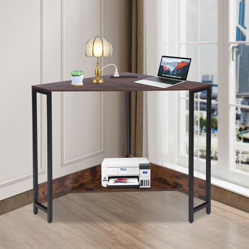 Corner Computer Desk, L Shaped Desk with Outlets and USB Ports, 90 Degree Triangle Corner Table, Compact Home Office Triangle Table for Home, Office, Bedroom (Brown) - color: Brown