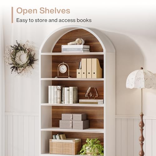 Tribesigns 76.8" Tall Arched 5-Tier Bookcase with File Cabinet Drawer - color: White