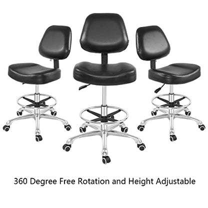 Grace&Grace Drafting Chair Tall Office Stool with Wheels,Heavy Duty Shop Stool Chair for Studio,Workshop,Office, Home Office (Black, Classic with Footrest)