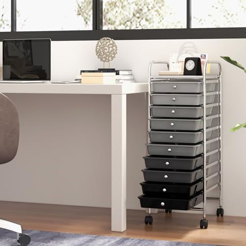 GOFLAME 10-Drawer Rolling Storage Drawer Cart, Utility Cart with Removable Drawers & Metal Frame, Mobile Art Craft Drawer Cart with Lockable Wheels for Home, Office, Studio, School, Gray Gradient - color: Gray Gradient, size: 10-Drawer without Wood Top