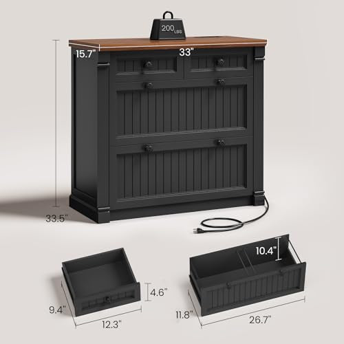 SEDETA 4 Drawers File Cabinet, 33" Farmhouse Filing Cabinets for Home Office fit Legal/Letter/A4 File, Wood Office File Cabinet with Power Outlets, Printer Stand with Storage, Black+Brown - color: Black+brown
