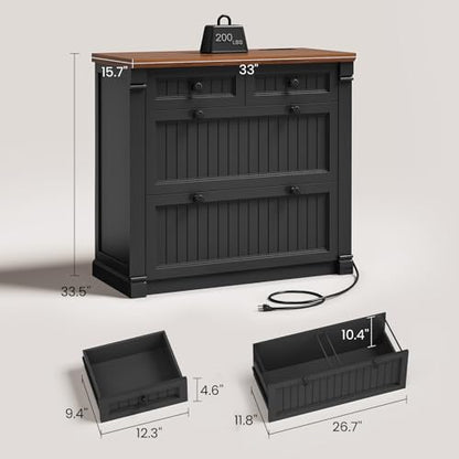SEDETA 4 Drawers File Cabinet, 33" Farmhouse Filing Cabinets for Home Office fit Legal/Letter/A4 File, Wood Office File Cabinet with Power Outlets, Printer Stand with Storage, Black+Brown - color: Black+brown