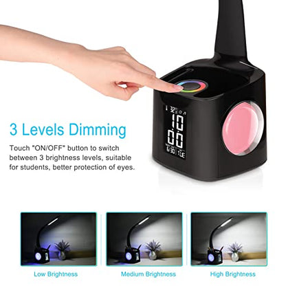 LED Desk Lamp with Clock,Color Changing Nightlight,Study Lamp with Pen Holder,Desk Light with USB Charger,Table Light for Home,Office,Gift for Kids,Students,Women,Black - color: Black 2.0