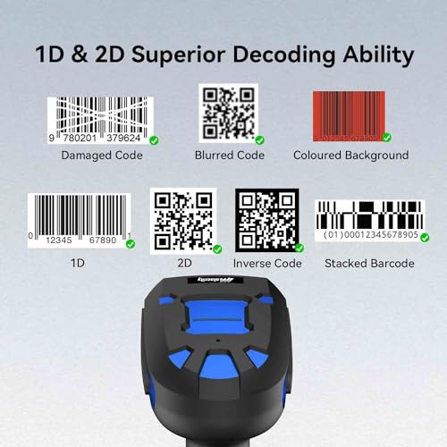 Upgraded 2D Industrial Barcode Scanner with Wireless Charging Stand, 1968 Feet Transmission Distance 433Mhz Wireless & Bluetooth 2in1 Barcode Reader, Shock Dust Proof Hands Free, Blue - color: Blue-2D