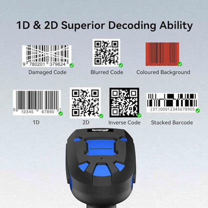 Upgraded 2D Industrial Barcode Scanner with Wireless Charging Stand, 1968 Feet Transmission Distance 433Mhz Wireless & Bluetooth 2in1 Barcode Reader, Shock Dust Proof Hands Free, Blue - color: Blue-2D